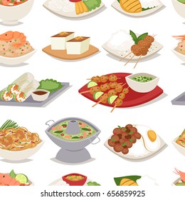 Traditional thai food asian plate cuisine thailand seafood cooking seamless pattern background vector illustration.