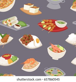 Traditional thai food asian plate cuisine thailand seafood cooking seamless pattern background vector illustration.