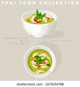 Traditional Thai food collection : Green curry with fish balls : Vector Illustration