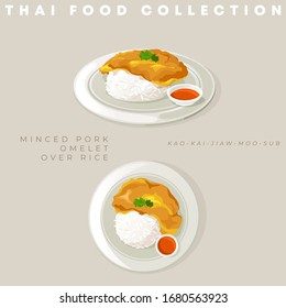 Traditional Thai food collection : Minced pork omelet over rice : Vector Illustration