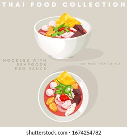 Traditional Thai food collection : Noodle with seafood and red sauce : Vector Illustration