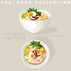 Traditional Thai Food Collection : Rice Noodle With Fish Curry Sauce : Vector Illustration