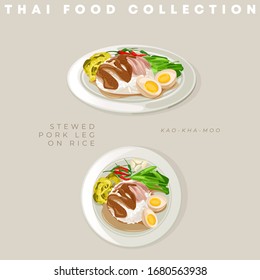 Traditional Thai food collection : Stewed pork leg on rice : Vector Illustration