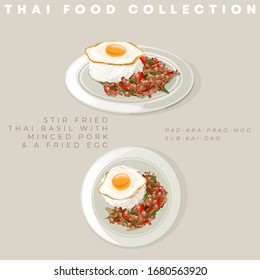 Traditional Thai food collection : Stir fried Thai basil with minced pork and fried egg : Vector Illustration