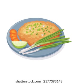 Traditional Thai Food with Crumpet and Green Onion Stalk on Plate Vector Illustration