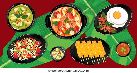 traditional thai food, thai cuisine vector, asian street food background