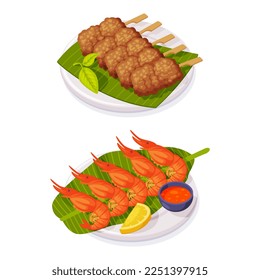 Traditional Thai Food with Fried Meat on Sticks and Shrimps Vector Se