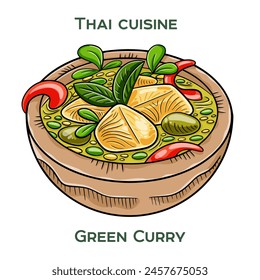 Traditional Thai food. Green Curry on white background. Isolated vector illustration.
