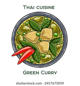 Traditional Thai food. Green Curry on white background. Isolated vector illustration.