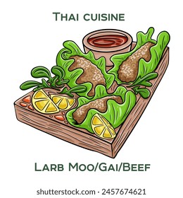 Traditional Thai food. Larb Moo, Gai, Beef on white background. Isolated vector illustration.