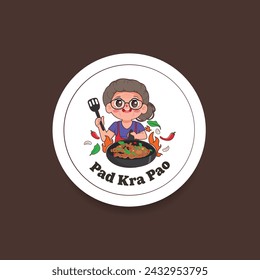 Traditional thai food Pad kra pao. Thailand street food. Logo sticker design.