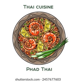 Traditional Thai food. Phad Thai on white background. Isolated vector illustration.