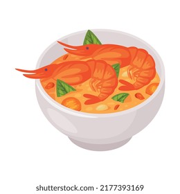 Traditional Thai Food with Prawn Soup or Curry Broth Vector Illustration