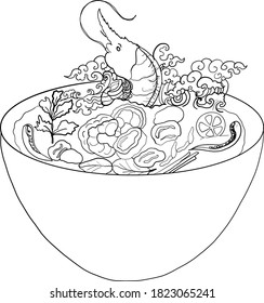 Traditional Thai food for printing on wallpaper.Vector of Tom yum kung soup illustration.Asian food.Hand drawn asian food on white isolated background.