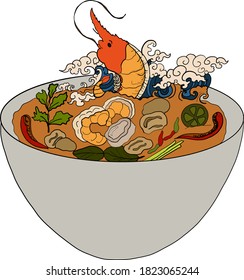 Traditional Thai food for printing on wallpaper.Vector of Tom yum kung soup illustration.Asian food.Hand drawn asian food on white isolated background.