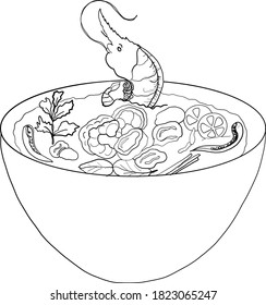 Comida tradicional tailandesa para imprimir en papel pintado.Vector de la ilustración de la sopa de Tom yum kung.Comida asiática.Hand dibujó comida asiática en un fondo aislado de color blanco.