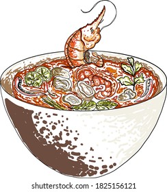 Traditional Thai food for printing on wallpaper.Vector of Tom yum kung soup illustration.Asian food.Hand drawn asian food on white isolated background.