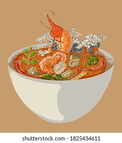 Traditional Thai food for printing on wallpaper.Vector of Tom yum kung soup illustration.Asian food.Hand drawn asian food on white isolated background.