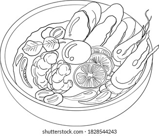 Comida tradicional tailandesa para imprimir en papel pintado.Vector de la ilustración de la sopa de Tom yum kung.Comida asiática.Hand dibujó comida asiática en un fondo aislado de color blanco.