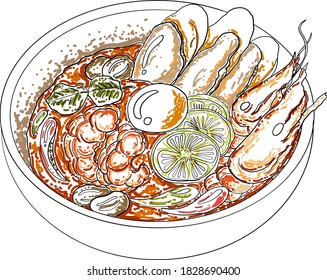 Traditional Thai food for printing on wallpaper.Vector of Tom yum kung soup illustration.Asian food.Hand drawn asian food on white isolated background.Seafood illustration for elements on menu.