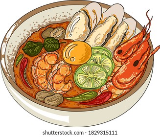 Traditional Thai food for printing on wallpaper.Vector of Tom yum kung soup illustration.Asian food.Hand drawn asian food on white isolated background.