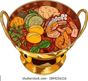 Traditional Thai food for printing on wallpaper.Vector of Tom yum kung soup illustration.Asian food.Hand drawn asian food on white isolated background.Thai food recipe instant pot illustration.