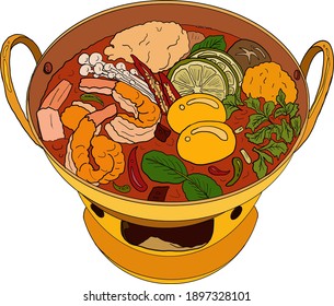 Traditional Thai food for printing on wallpaper.Vector of Tom yum kung soup illustration.Asian food.Hand drawn asian food on white isolated background.Thai food recipe instant pot illustration.