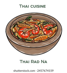 Traditional Thai food. Thai Rad Na on white background. Isolated vector illustration.