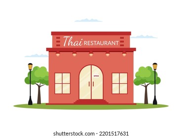 Traditional Thai Food Restaurant or Cafe Building Template Hand Drawn Cartoon Flat Illustration