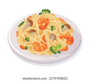 Traditional Thai Food with Salad of Shrimps and Noodles with Mushroom Vector Illustration