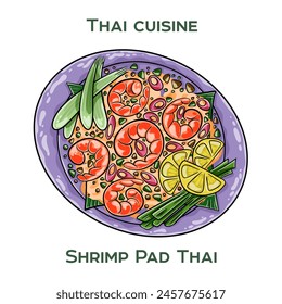Traditional Thai food. Shrimp Pad Thai on white background. Isolated vector illustration.