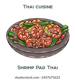 Traditional Thai food. Shrimp Pad Thai on white background. Isolated vector illustration.