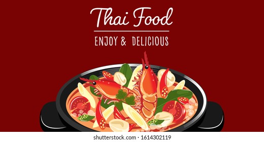 traditional thai food, tom yum kung, thai cuisine vector, asian street food