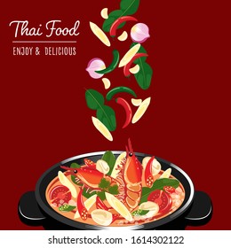 traditional thai food, tom yum kung, thai cuisine vector, asian street food