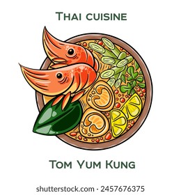 Traditional Thai food. Tom Yum Kung on white background. Isolated vector illustration.