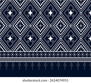 Traditional Thai geometric pattern in dark blue and white, inspired by tribal textile design. Perfect for backgrounds, textiles, or cultural artwork.