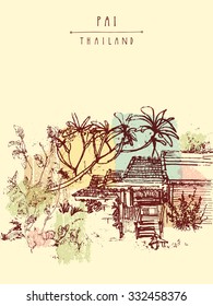 A traditional Thai house with a garden in Pai valley, Northern Thailand. Hand drawn vintage artistic postcard template. Vector illustration