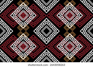 A traditional Thai Ikat fabric pattern in pixel art style featuring floral motifs, concentric diamond shapes, and a colorful arrangement of red, white, yellow, and black tones. Inspired by northern an