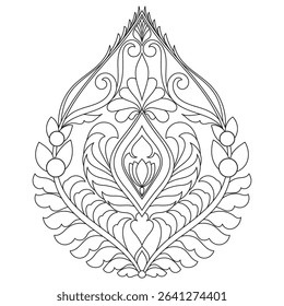 Traditional Thai Kanok pattern with black and white outlines, perfect for tattoos, coloring books, decorative art, cultural illustrations, and digital prints.