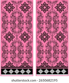 A traditional Thai Kanok pattern featuring symmetrical temple-style panels in black over a vivid pink background. The design is intricately hand-drawn and seamlessly mirrored, perfect for cultural pri