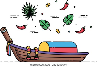 Traditional Thai Longtail Boat Vector with Tropical Chili and Leaves
