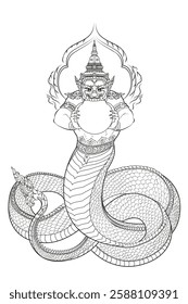 Traditional Thai Mythical Serpent and Giant Guardian Line Art.