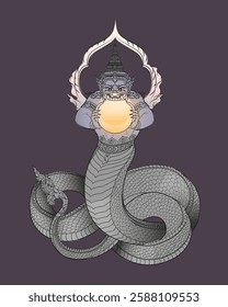 Traditional Thai Mythical Serpent and Giant Guardian Line Art.