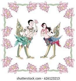 Traditional Thai Ornament . Mythical woman and man half birds in Eden garden.