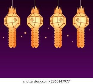 Traditional Thai paper lanterns for  Yi Peng or Loy Krathong festival. Hanging lanterns on dark night background illustration. Vector banner design.  svg