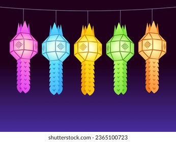Traditional Thai paper lanterns for Yi Peng or Loy Krathong festival. Hanging lanterns of different colors on dark night background. Vector illustration.  svg