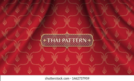 Traditional Thai Pattern On Realistic Red Curve Curtain Background.