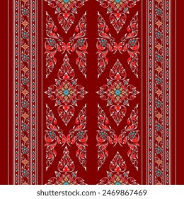 Traditional Thai pattern, vintage, bright colors on a red background. Seamless for digital printing, textiles, wallpapers.