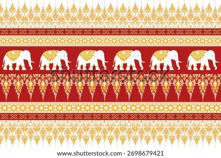 Traditional Thai pattern with white elephants, gold, and red tones, featuring elegant floral and flame motifs symbolizing Thai culture and heritage.