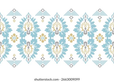 Traditional Thai pixel art pattern with blue and beige color in a seamless design. Perfect for textile, wallpaper, digital craft, and vintage-themed projects. Retro ethnic pixel style.